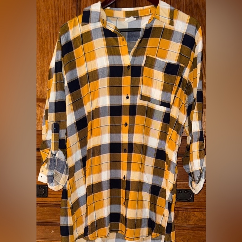 Passport Yellow Navy Plaid Button Down High Low Shirt Cozy Tartan Michigan Fall